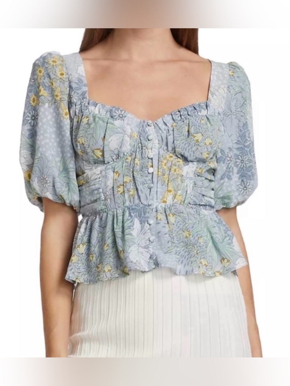 ASTR The Label Clairemont Floral Puff Sleeve Top Blue & Yellow XS